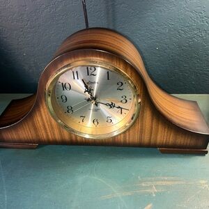 Linden Wood-Tone Mantel Clock with Gold Bezel
